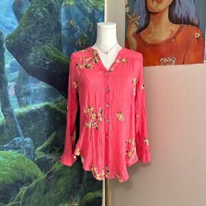 fig and flower embroidered floral blouse pink coral button down pm